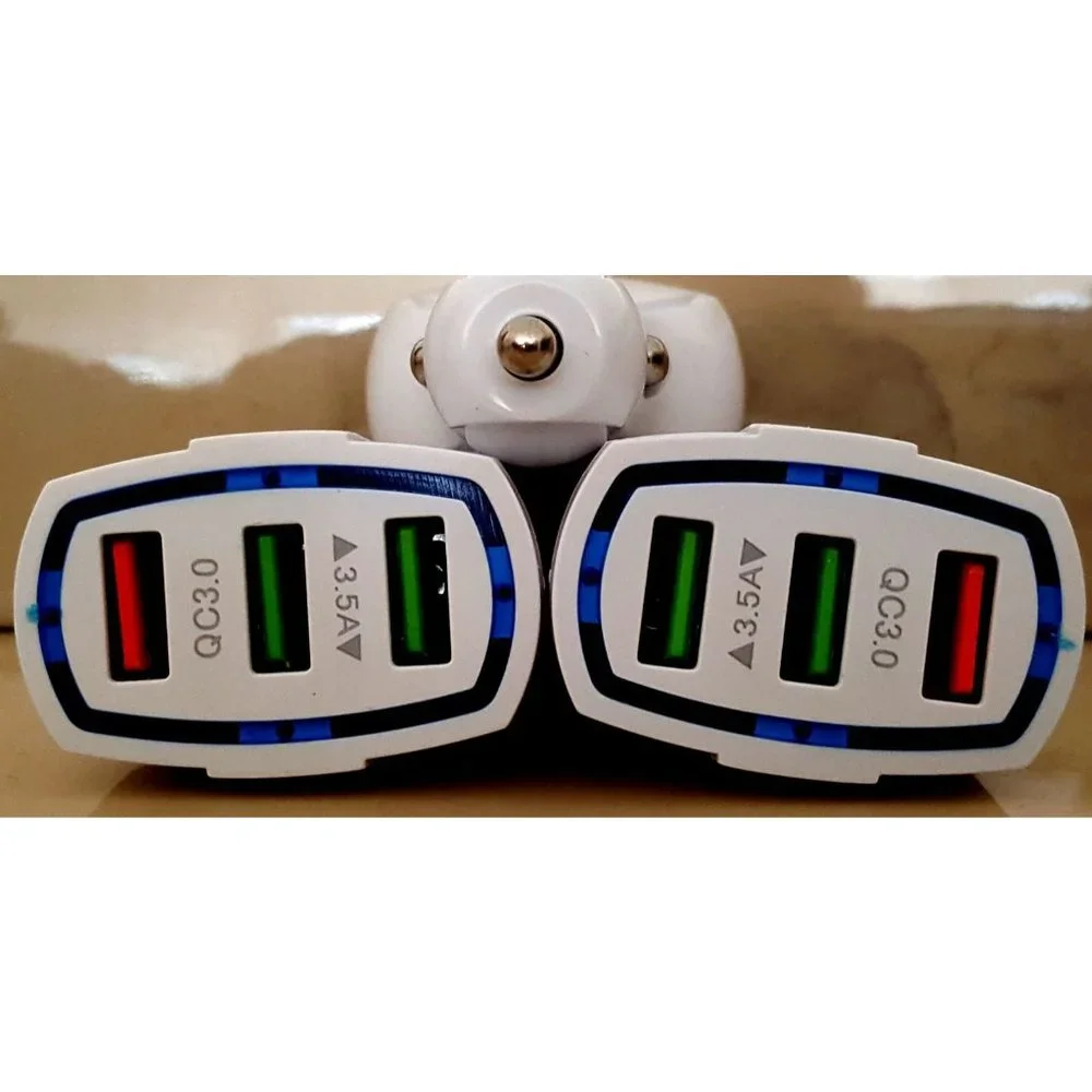 3-pack White Triple Port Car Phone Charger QC Quick Charge with LED Port